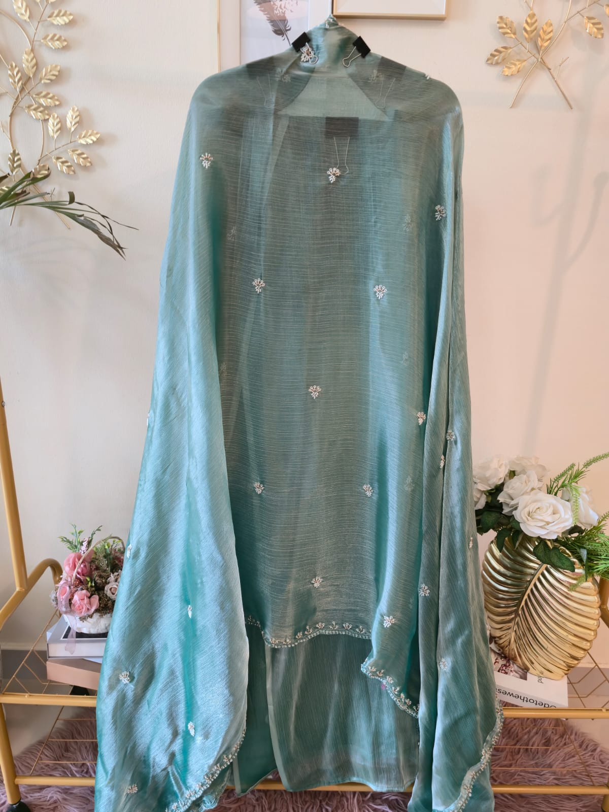 Elegant soft green pure viscouse Fendi fabric Suit with Delicate Hand Embroidery - Image 2