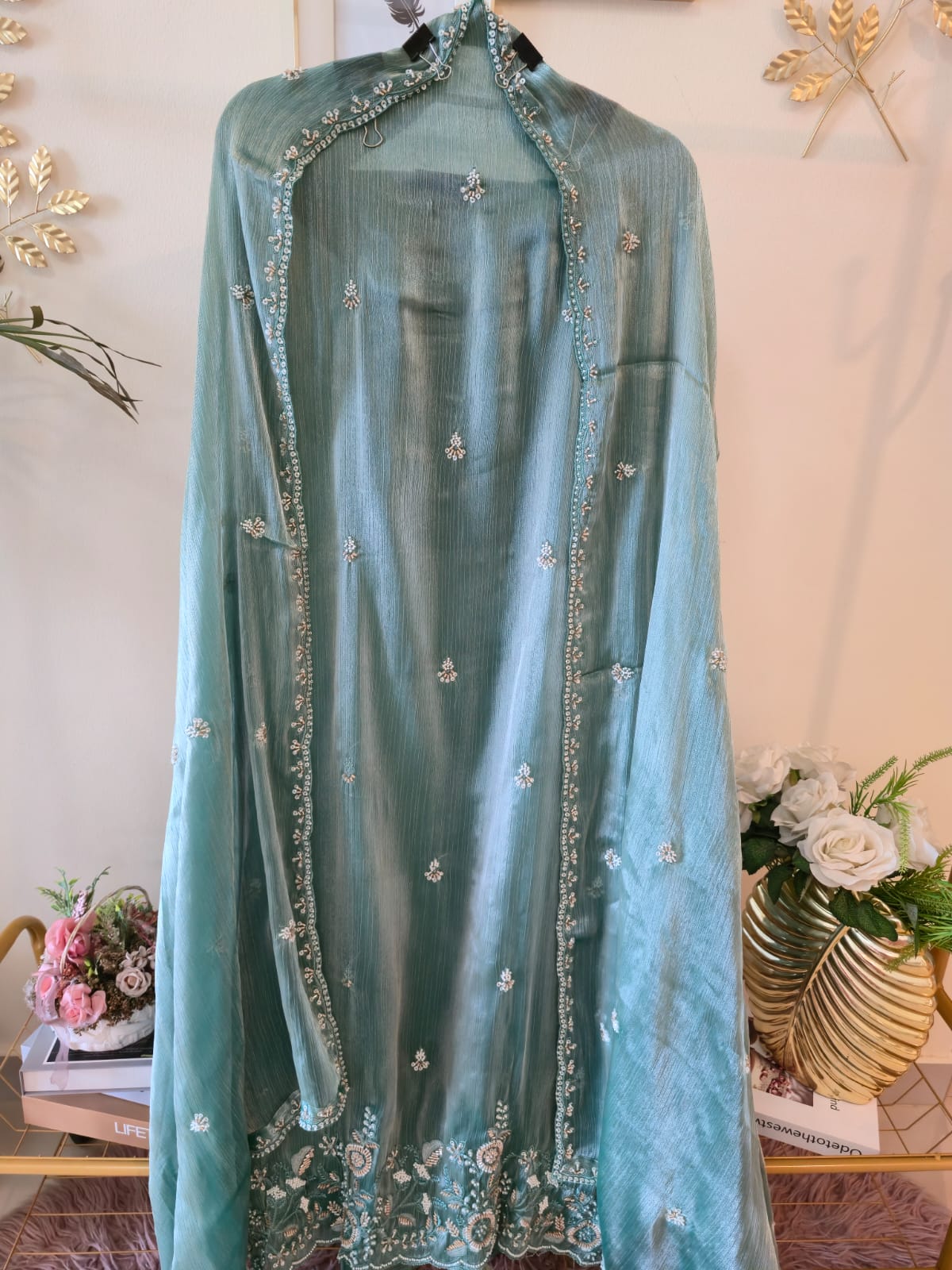 Elegant soft green pure viscouse Fendi fabric Suit with Delicate Hand Embroidery - Image 3