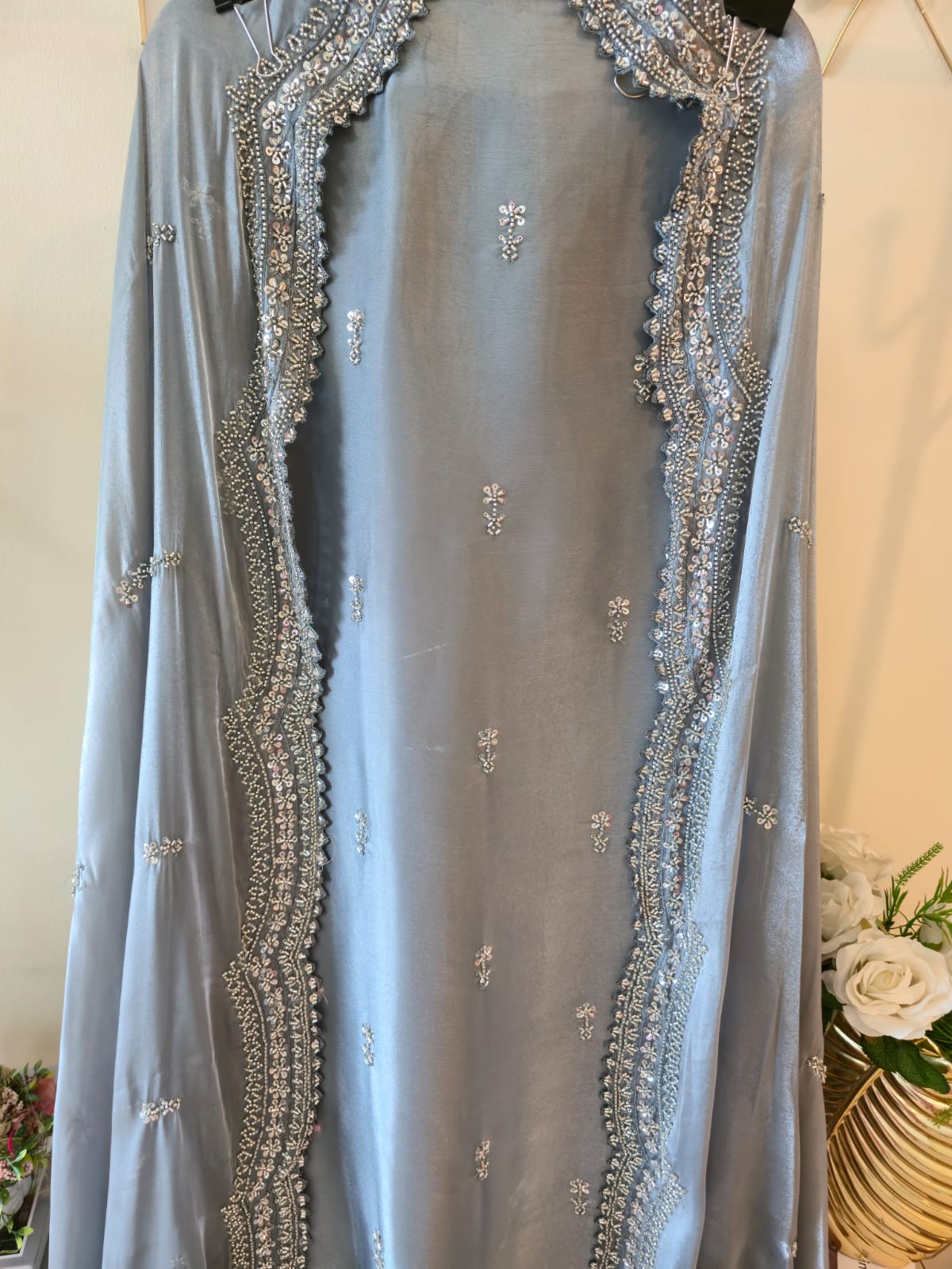 Elegant slate grey pure viscouse Fendi fabric Suit with Delicate Hand Embroidery - Image 2