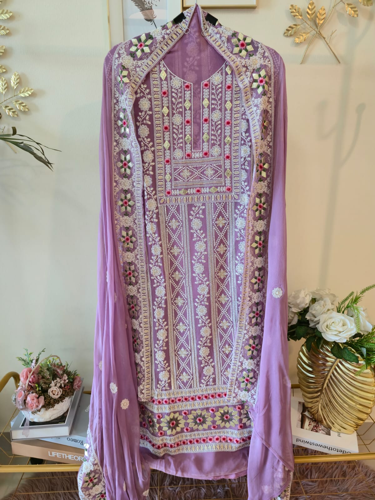 Lavender chikankari pure georgette unstiched three peice Suit Set (Gotta patti)