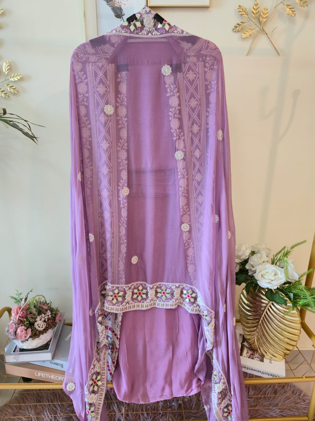 Lavender chikankari pure georgette unstiched three peice Suit Set (Gotta patti) - Image 4