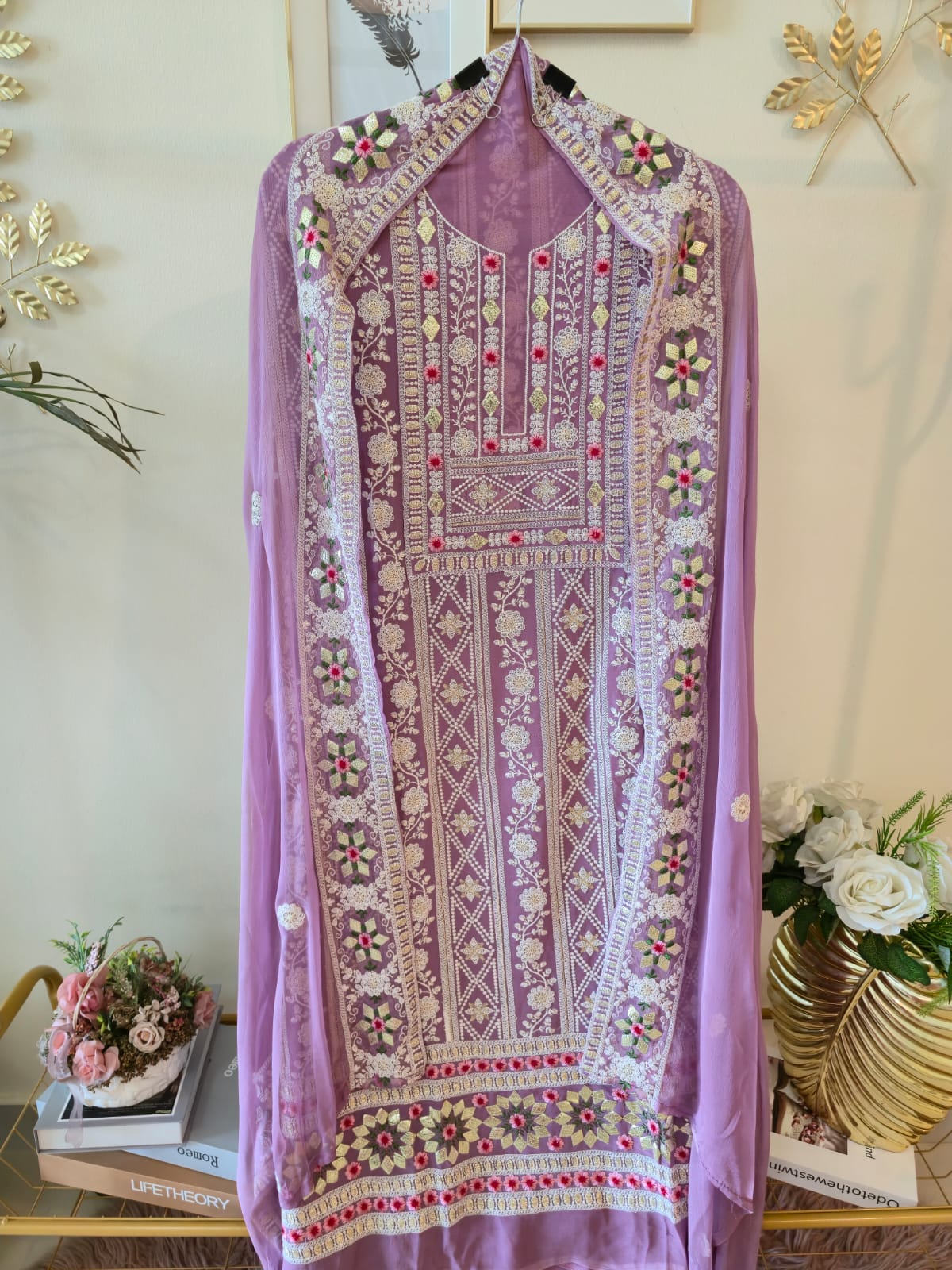 Lavender chikankari pure georgette unstiched three peice Suit Set (Gotta patti) - Image 3