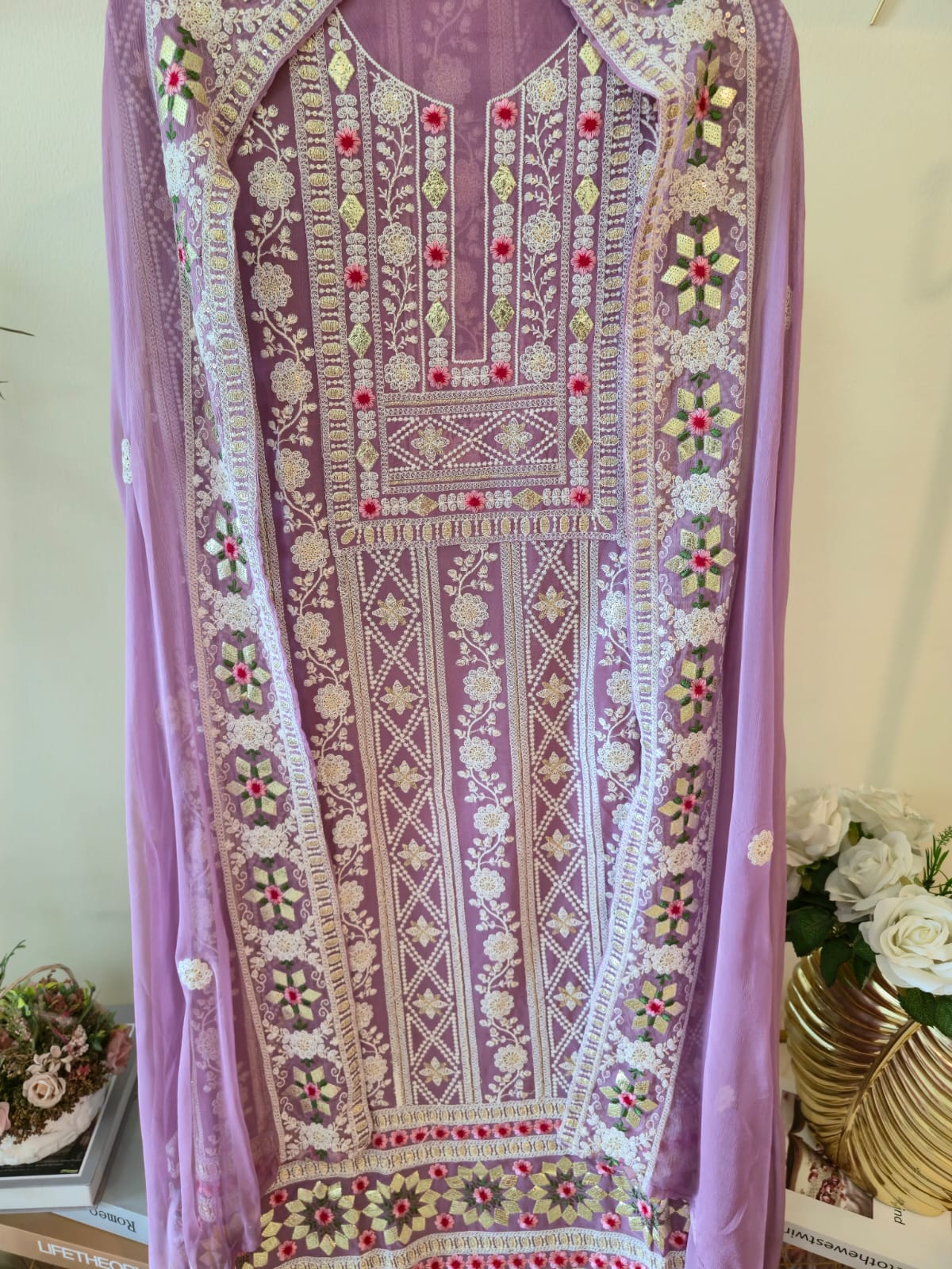 Lavender chikankari pure georgette unstiched three peice Suit Set (Gotta patti) - Image 2