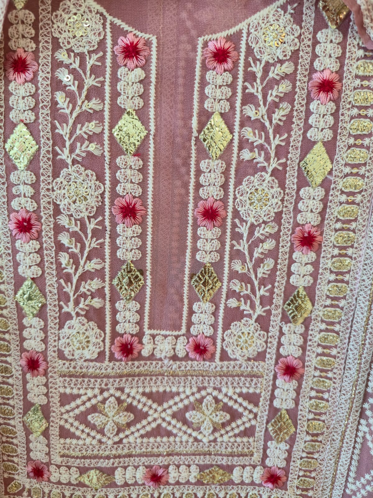 Powder pink chikankari pure georgette unstiched three peice Suit Set (Gotta patti) - Image 5