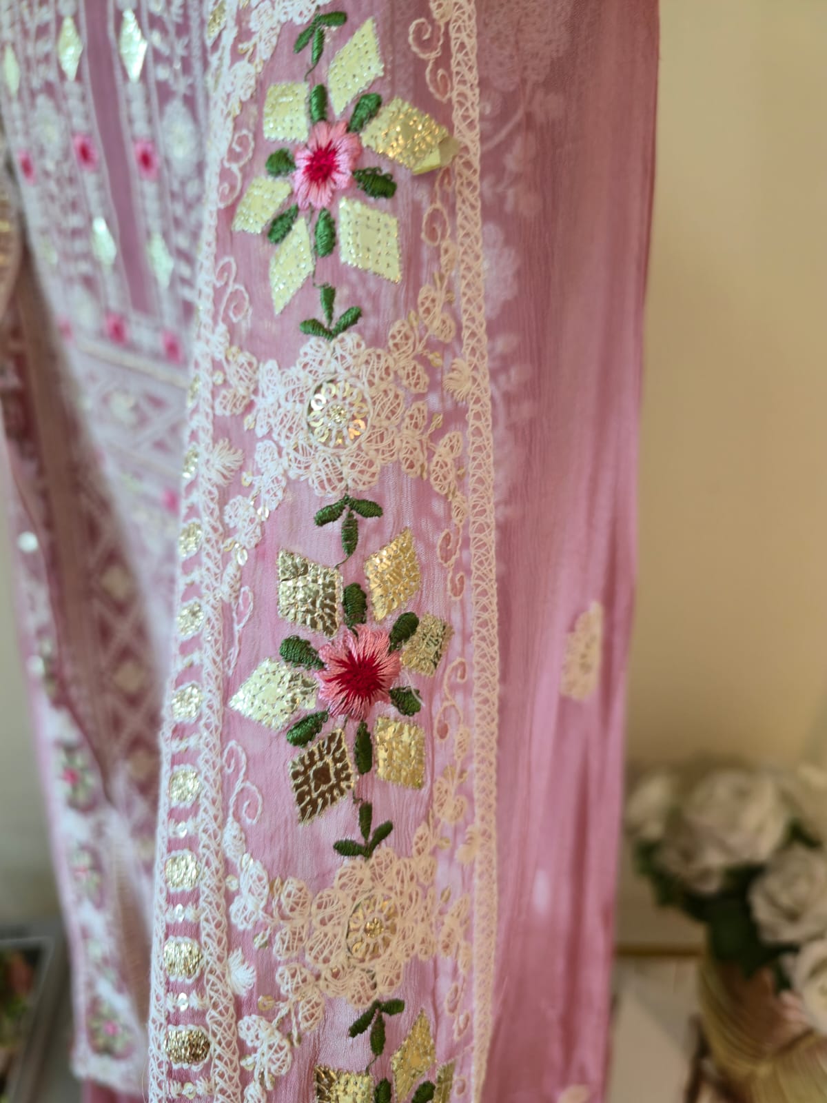 Powder pink chikankari pure georgette unstiched three peice Suit Set (Gotta patti) - Image 4