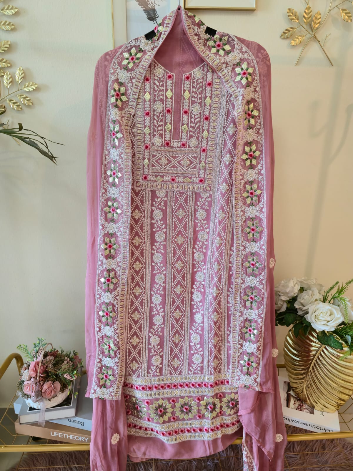 Powder pink chikankari pure georgette unstiched three peice Suit Set (Gotta patti)