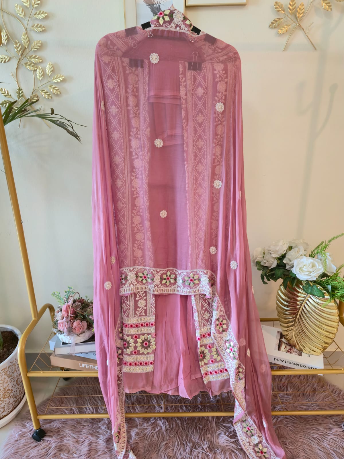 Powder pink chikankari pure georgette unstiched three peice Suit Set (Gotta patti) - Image 2