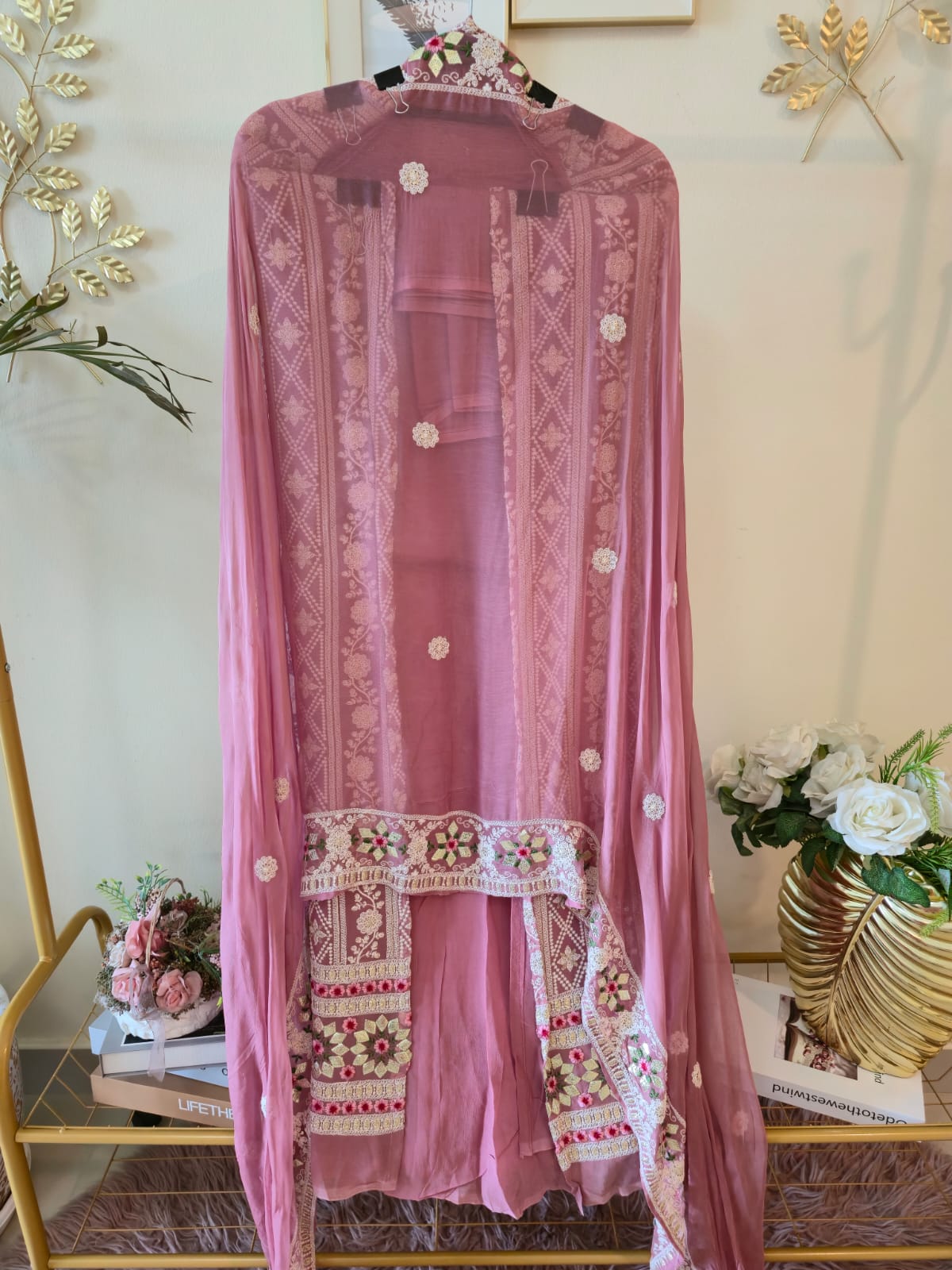 Powder pink chikankari pure georgette unstiched three peice Suit Set (Gotta patti) - Image 3