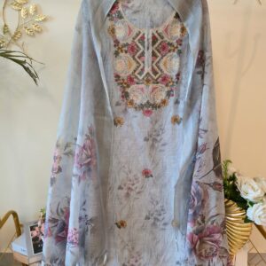 Pure cotton blue color unstiched three peice suit.