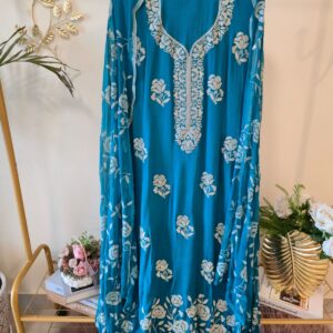Rama Green pure crape unstich three peice Suit with Embroidered Dupatta