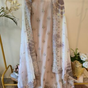 Pastel Beige Tie-Dye pure crape unstich three peice Suit with Embroidered Dupatta