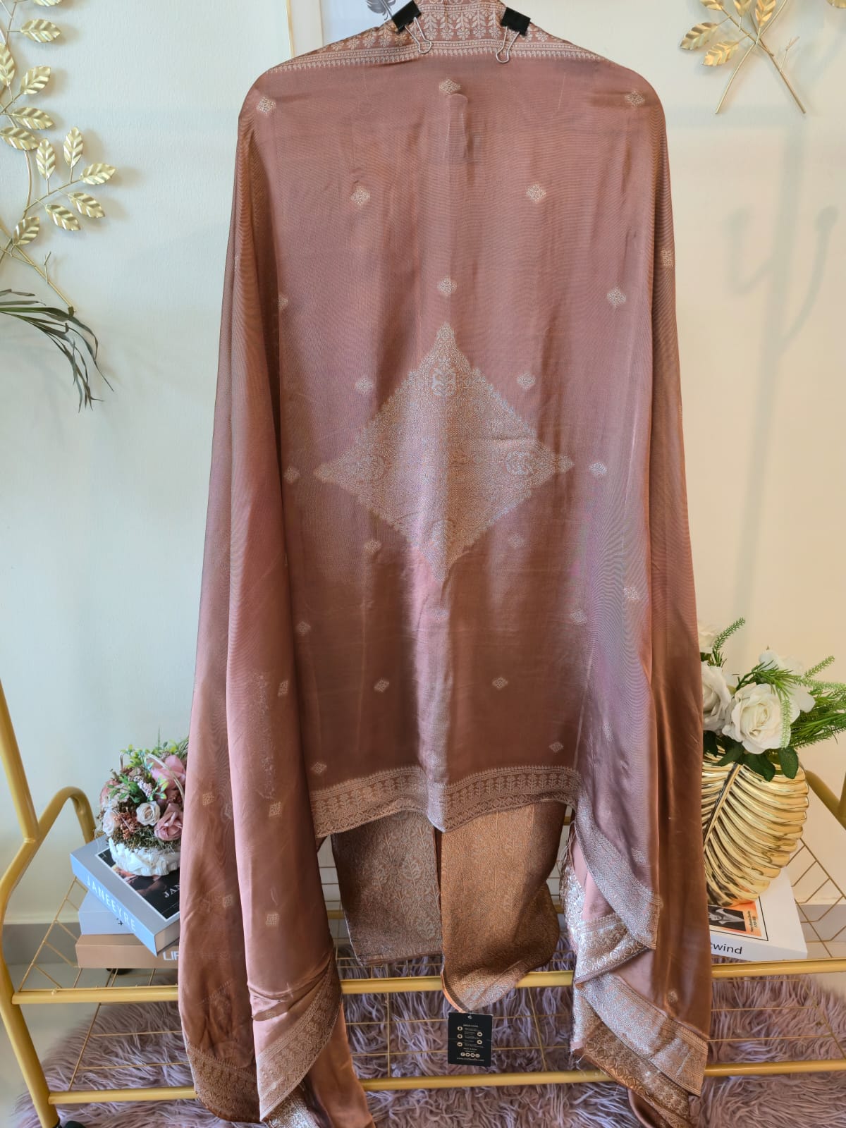 Mettalic Dusty Rose pure bhagalpuri banglori Silk Suit with Silver Floral Weave unstich three peice suit - Image 4