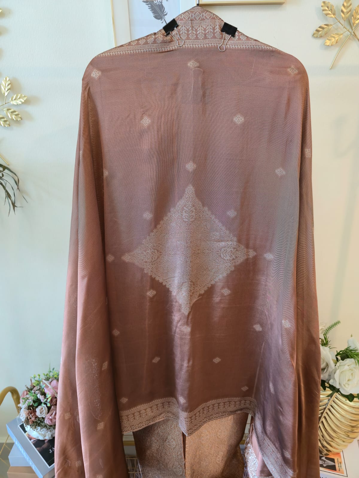 Mettalic Dusty Rose pure bhagalpuri banglori Silk Suit with Silver Floral Weave unstich three peice suit - Image 2