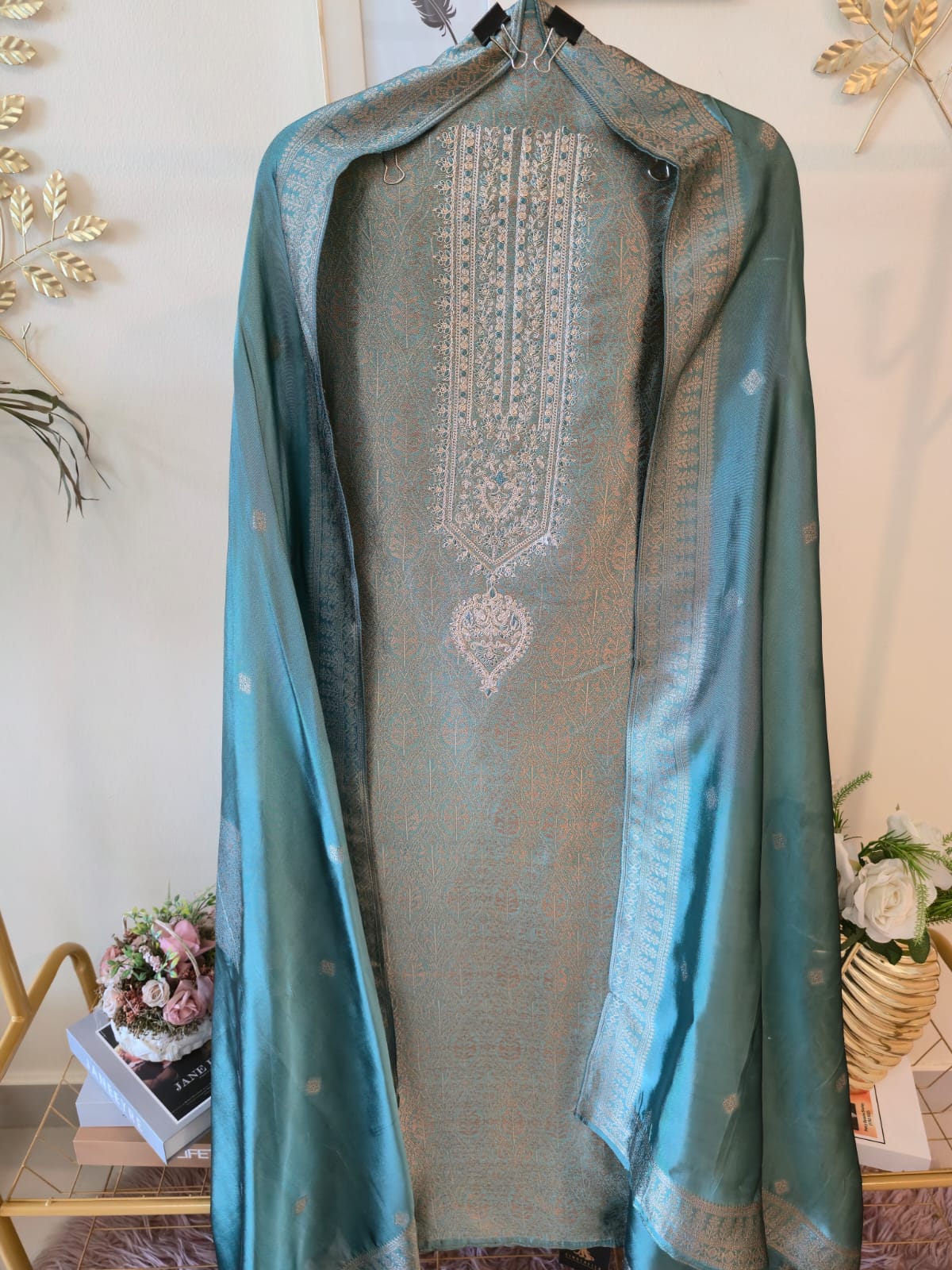 Mettalic Turquoise pure bhagalpuri banglori Silk Suit with Silver Floral Weave unstich three peice suit - Image 6