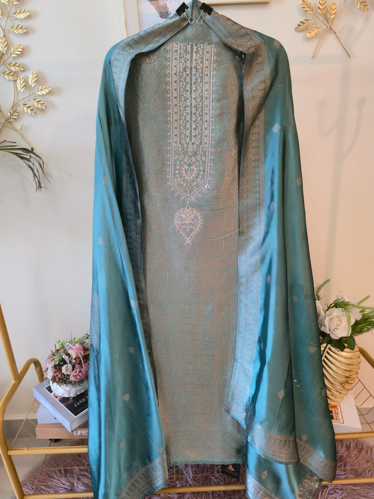 Mettalic Turquoise pure bhagalpuri banglori Silk Suit with Silver Floral Weave unstich three peice suit