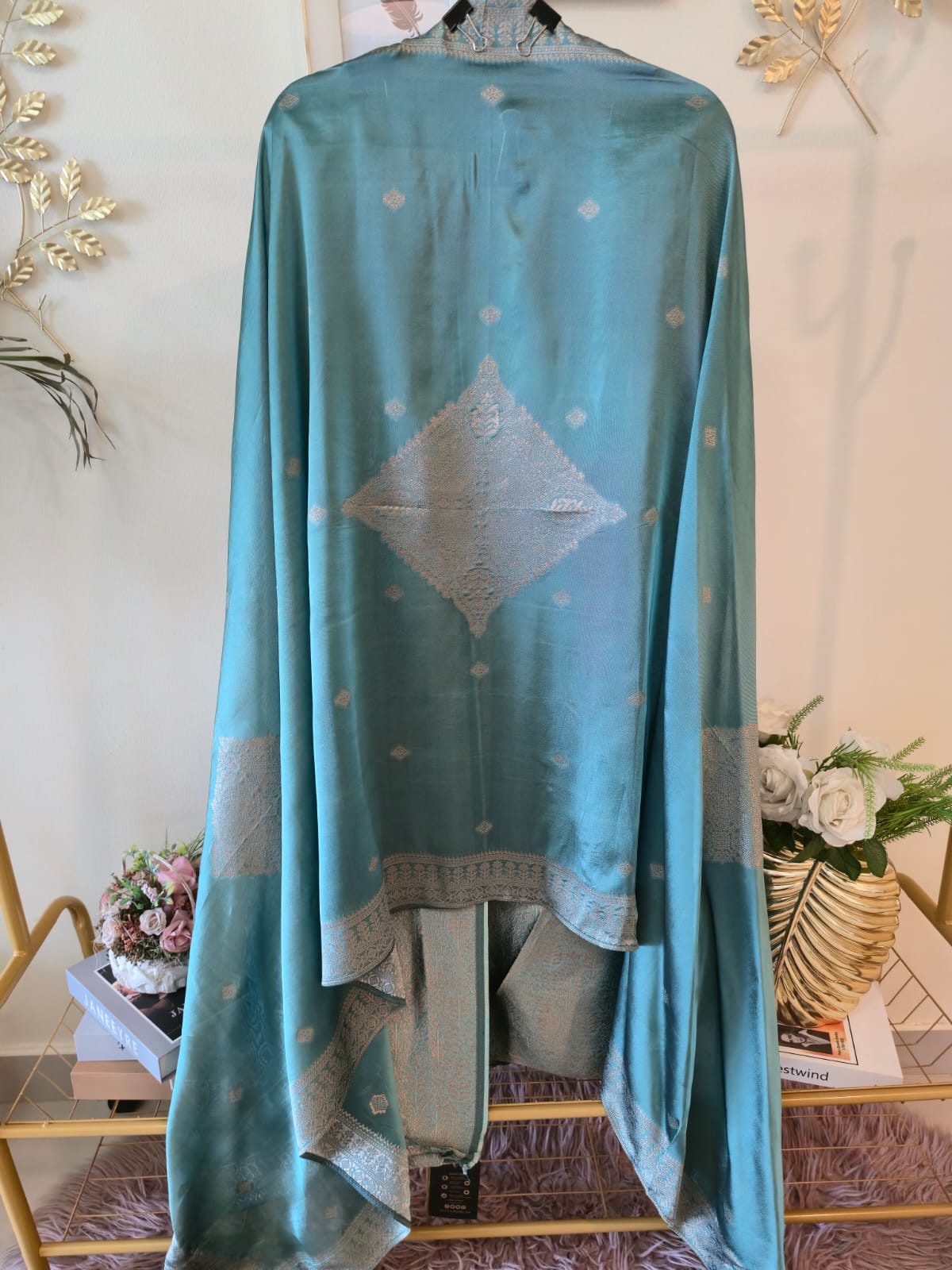 Mettalic Turquoise pure bhagalpuri banglori Silk Suit with Silver Floral Weave unstich three peice suit - Image 4