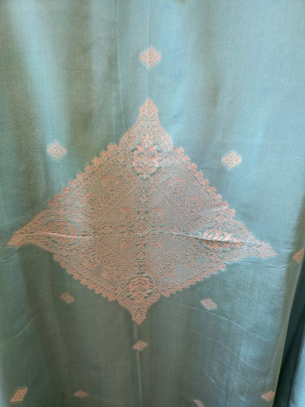 Mettalic Turquoise pure bhagalpuri banglori Silk Suit with Silver Floral Weave unstich three peice suit - Image 3