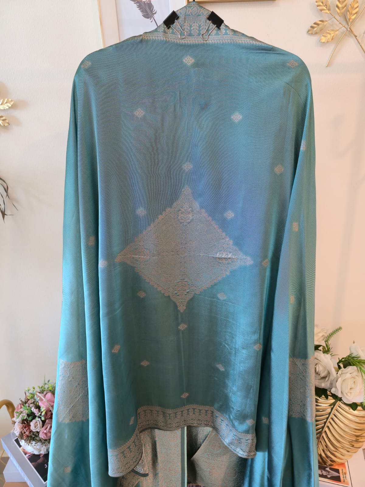 Mettalic Turquoise pure bhagalpuri banglori Silk Suit with Silver Floral Weave unstich three peice suit - Image 2