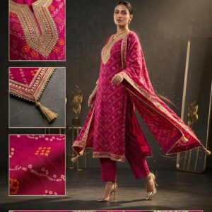 Pure chiffon hot Pink Bandhani weaving unstiched three peice Suit with Zari Border Dupatta