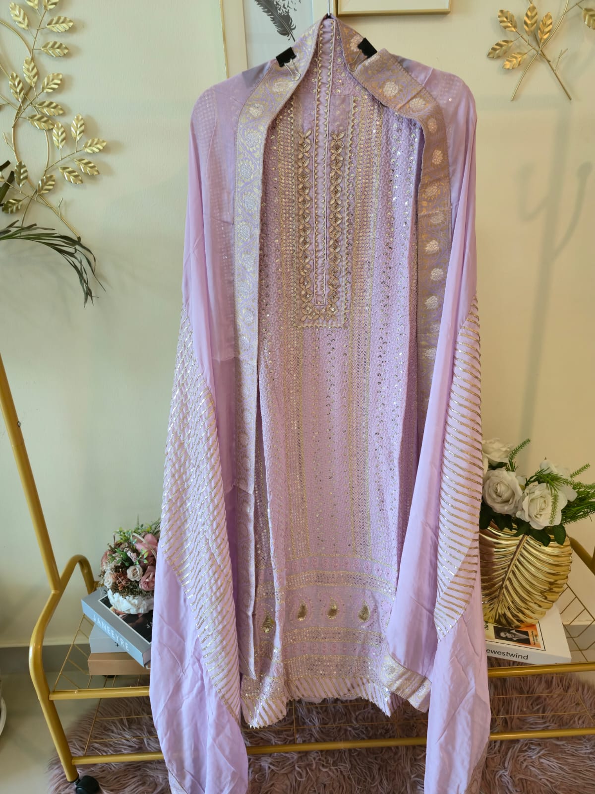 Lilac chikankari pure georgette unstiched three peice Suit Set (Gotta patti)