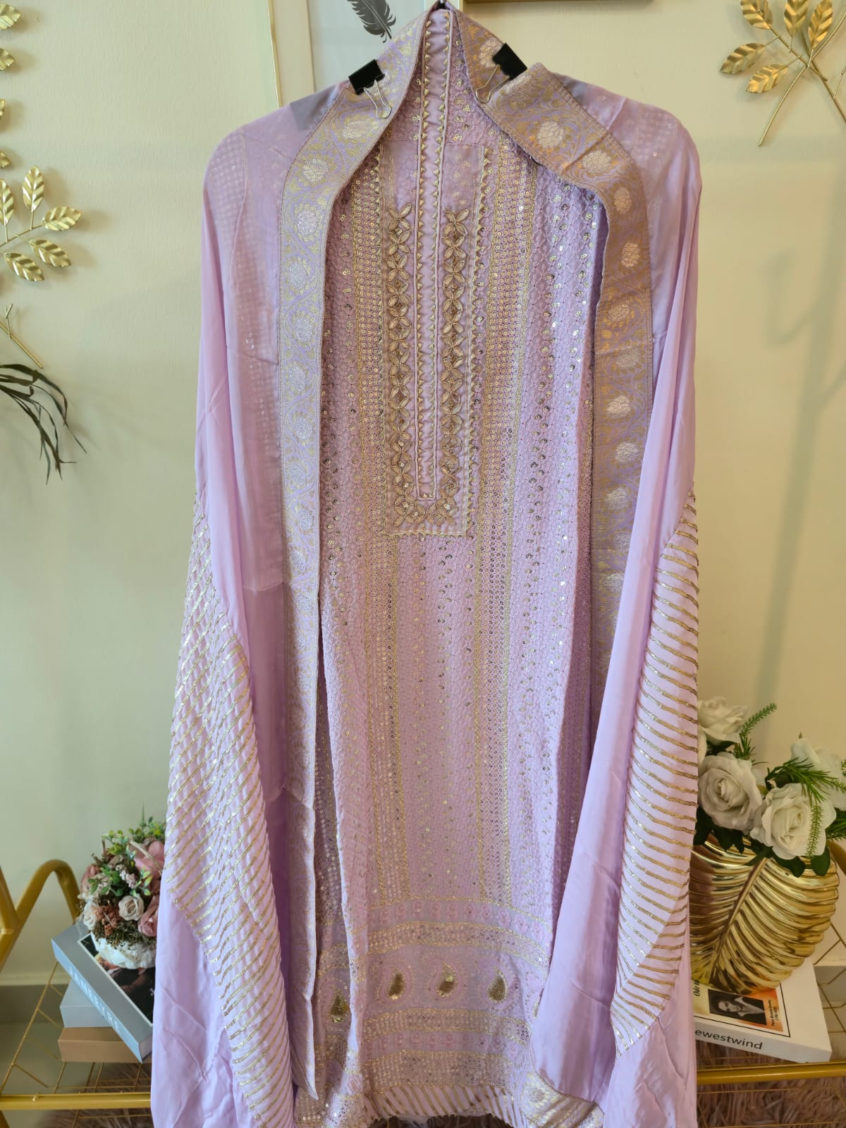 Lilac chikankari pure georgette unstiched three peice Suit Set (Gotta patti) - Image 5