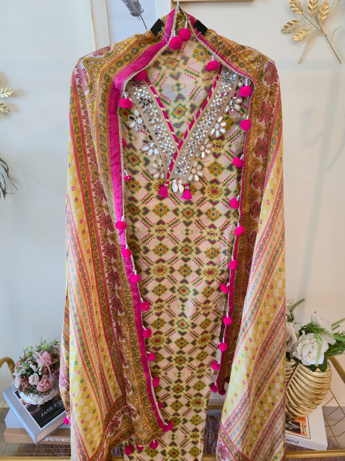 Pure crape Sunlit Mustard Mirror Work Unstitched Suit with Pink Pom-Pom Dupatta - Image 2
