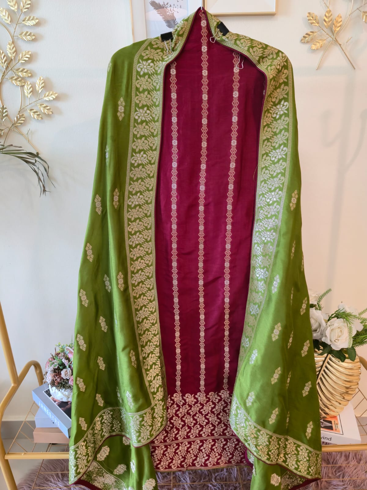 Pure Georgette slik blend Royal Maroon & Olive Green Woven Unstitched Suit with Zari Dupatta