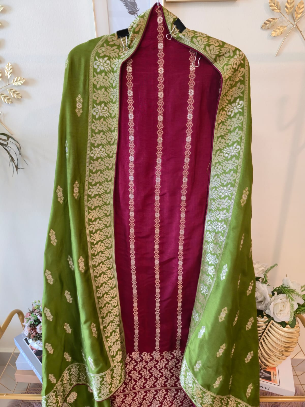 Pure Georgette slik blend Royal Maroon & Olive Green Woven Unstitched Suit with Zari Dupatta - Image 5