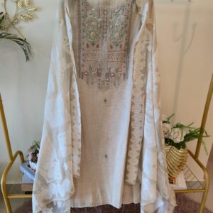 Pure linen Elegant Ivory Embroidered Unstitched Suit with Sheer Textured Dupatta