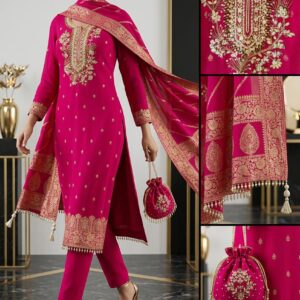 Rani Pink silk Unstich three peice suit  with Floral Organza Dupatta and polti