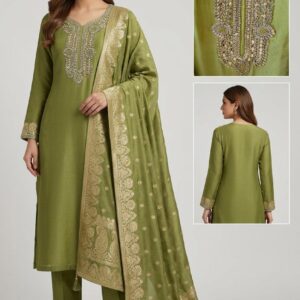 Silk fabric Olive Green Embroidered unstiched three peice Suit Set with Zari Dupatta
