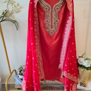 Silk fabric Rust Orange Embroidered unstiched three peice Suit Set with Zari Dupatta