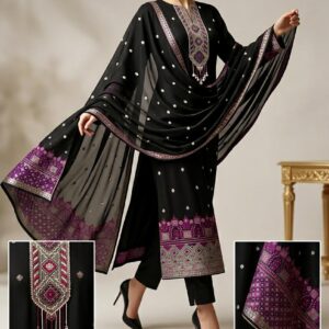 Maheshwari silk Black Embroidered 3-Piece Unstiched Suit Set with Designer Dupatta