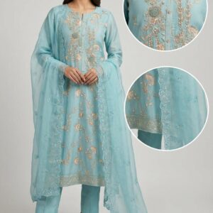 Pure Banarsi organza Aqua Blue Embroidered unstiched three piece  suit Set.