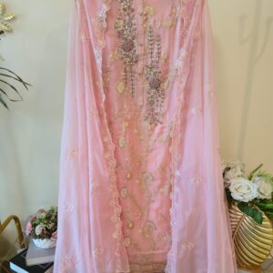 Pure Banarsi organza Powder pink Embroidered unstiched three piece  suit Set.