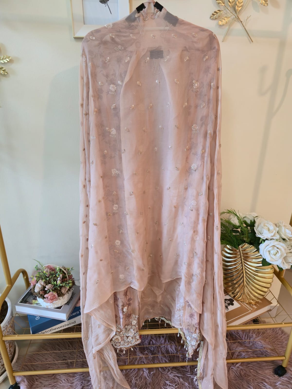 Elegant Brown peach pure viscouse Fendi fabric Suit with Delicate Hand Embroidery - Image 5
