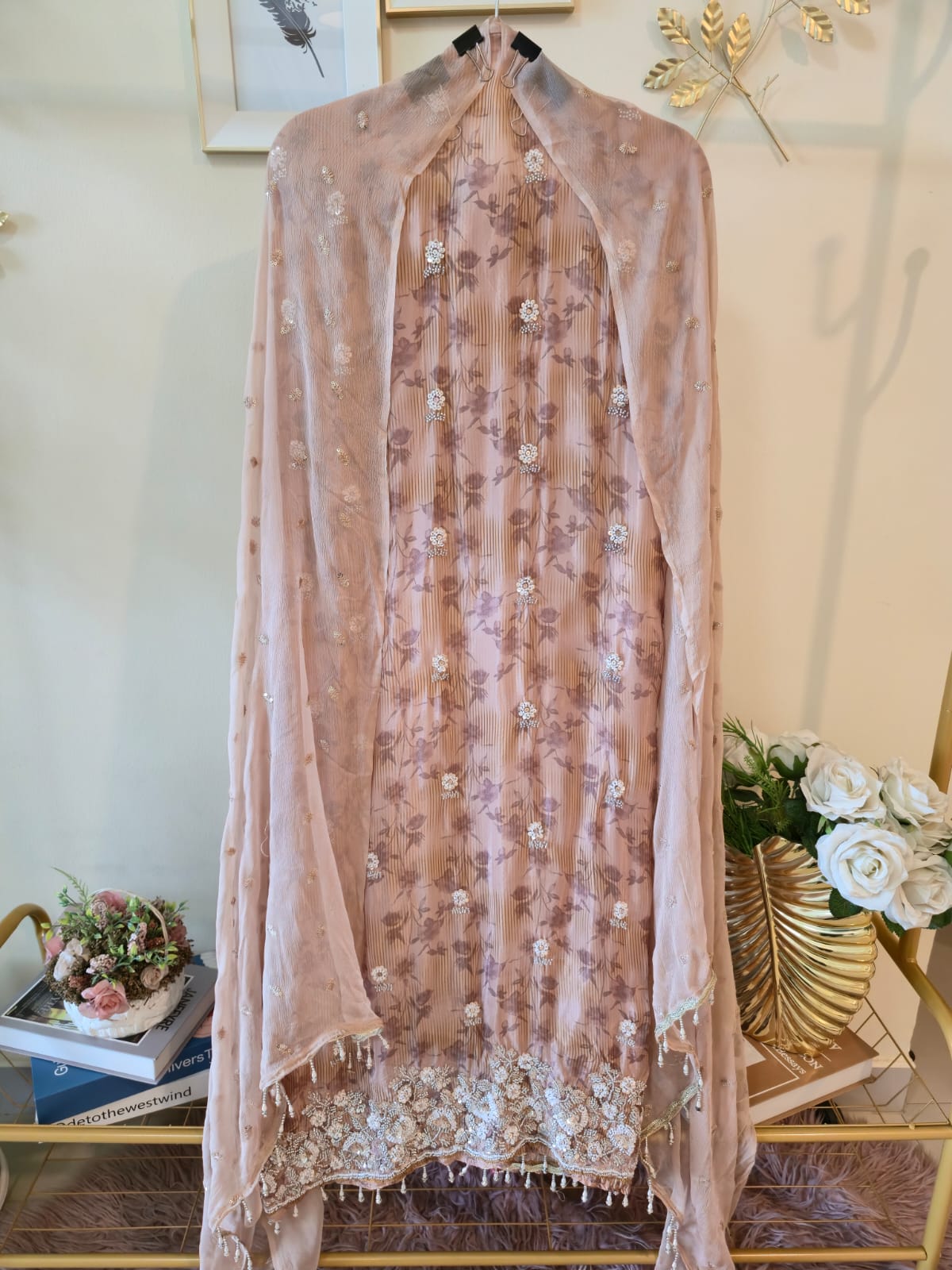 Elegant Brown peach pure viscouse Fendi fabric Suit with Delicate Hand Embroidery