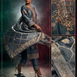 Pure Opada Silk Mettalic Slate grey Embroidered Unstiched 3-Piece Suit.