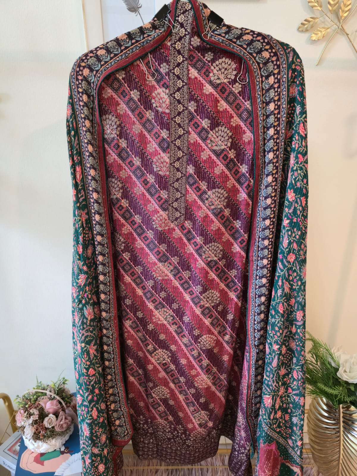 Pure Georgette slik blend Royal Maroon & bottle Green Woven Unstitched Suit with Zari Dupatta - Image 3