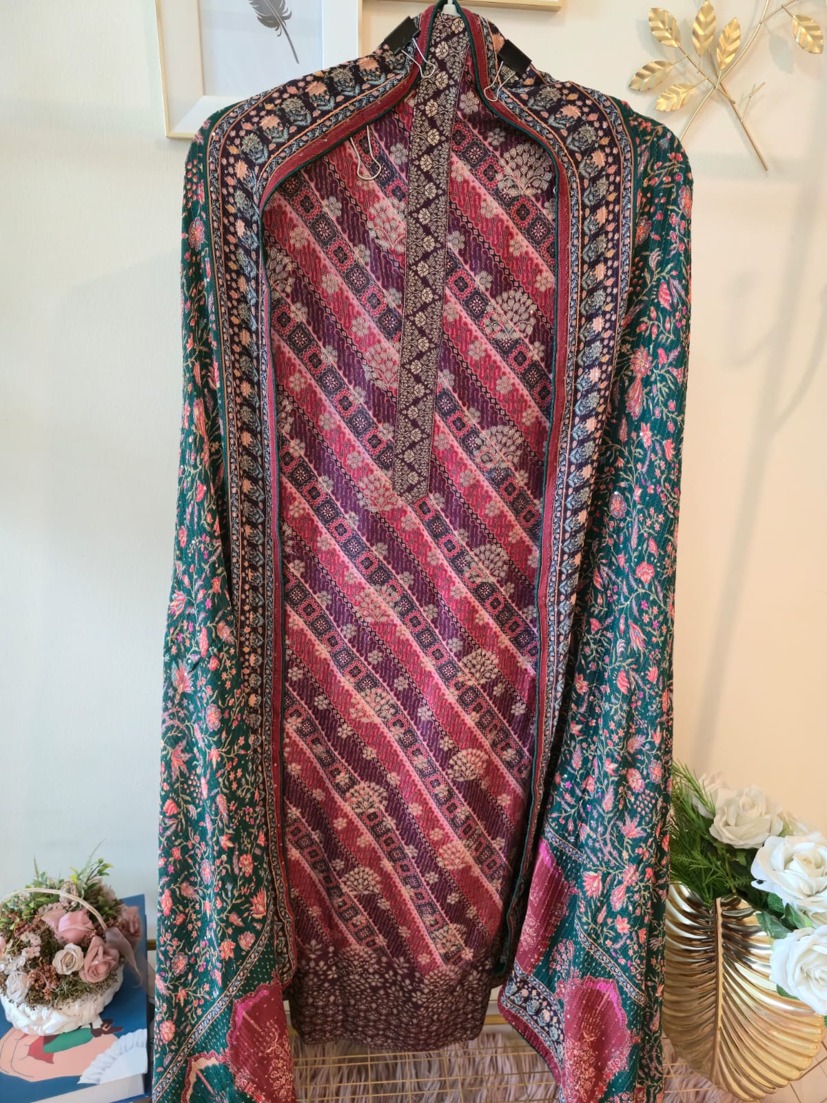 Pure Georgette slik blend Royal Maroon & bottle Green Woven Unstitched Suit with Zari Dupatta