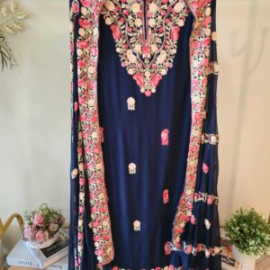 Royal blue pure  Rayon cotton Embroidered 3-Piece Suit with Floral Dupatta