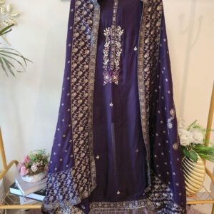Regal Deep Purple Raw Silk Embroidered Suit with Floral Motif