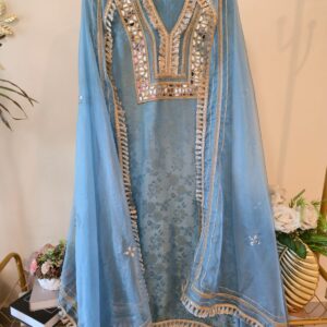Sky Blue pure viscouse Shimmer Organza silk Party Wear unstiched  3-Piece Suit Set.