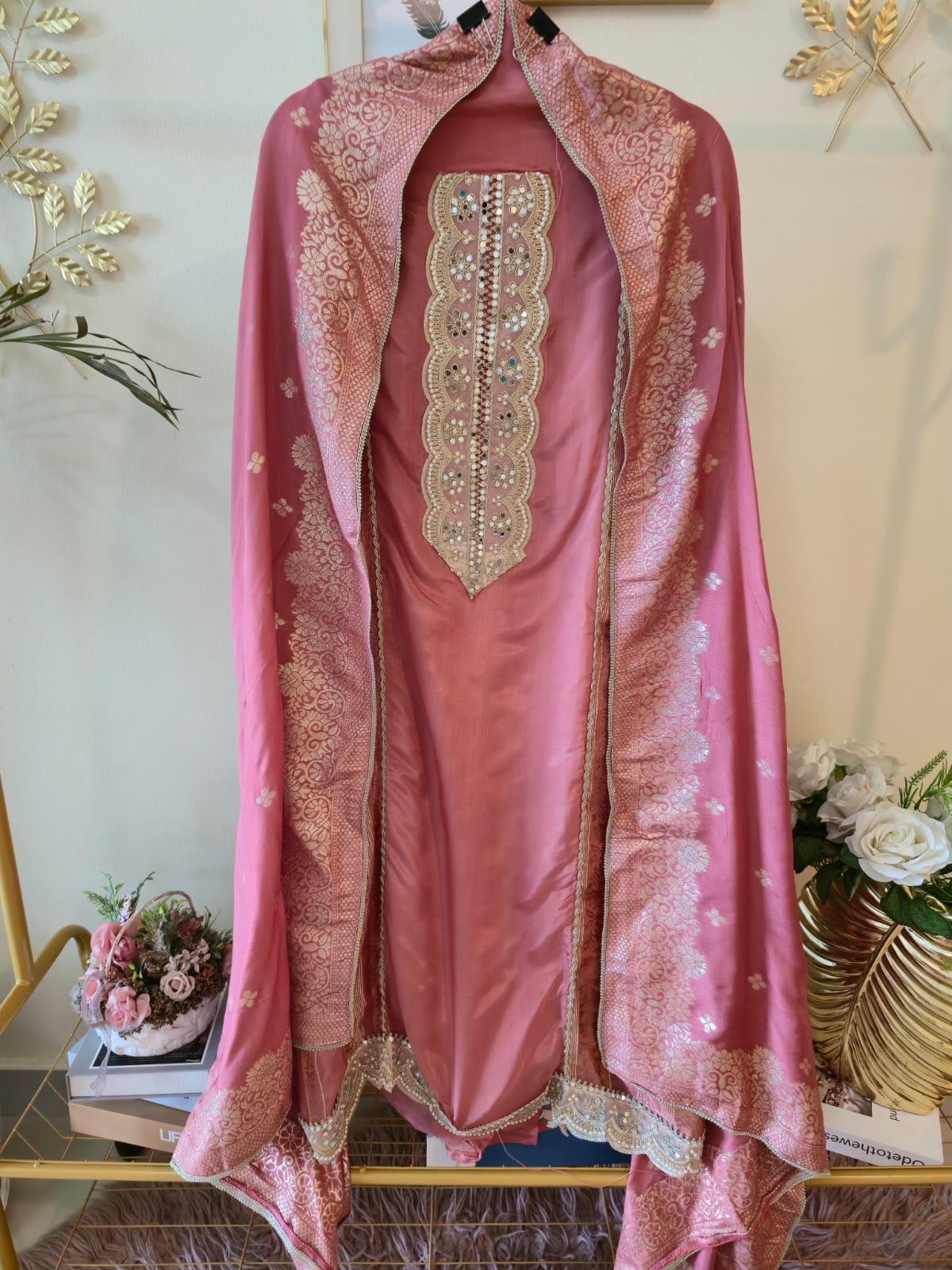 Rose pink pure viscouse Shimmer Organza silk Party Wear unstiched 3-Piece Suit Set.