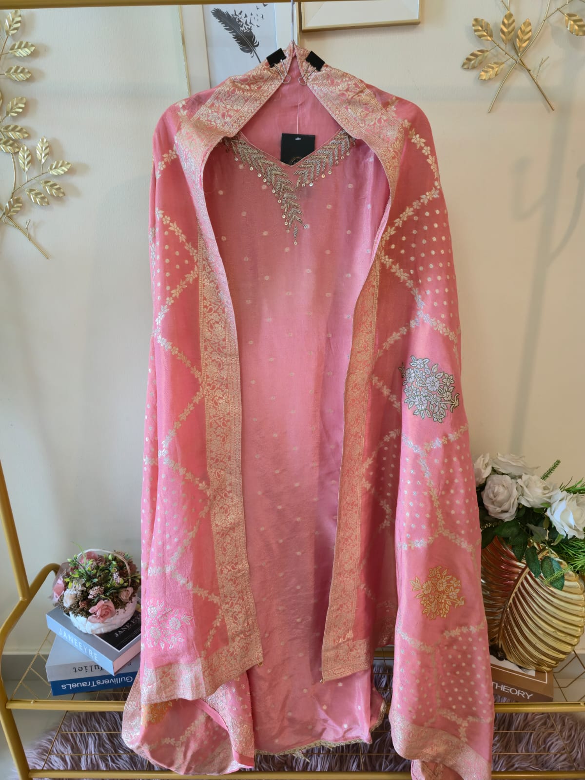 light pink pure banarsi silk three-piece unstitched salwar suit material featuring intricate work
