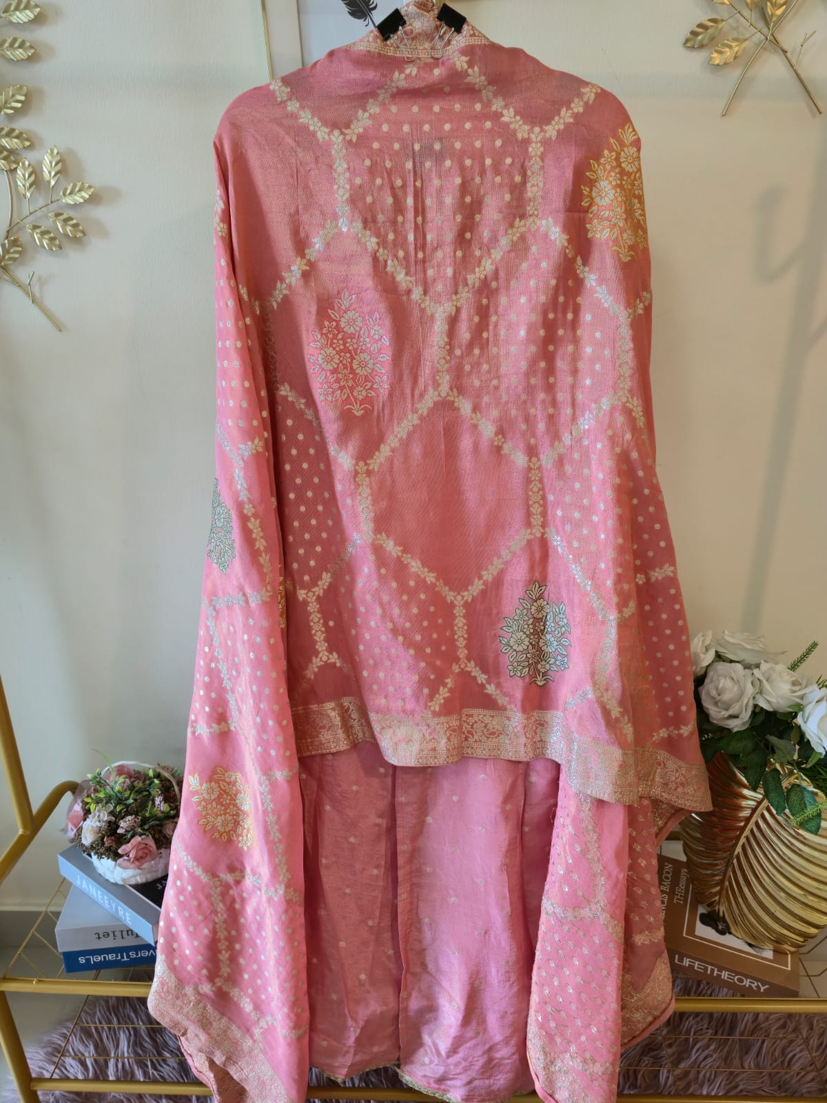light pink pure banarsi silk three-piece unstitched salwar suit material featuring intricate work - Image 2