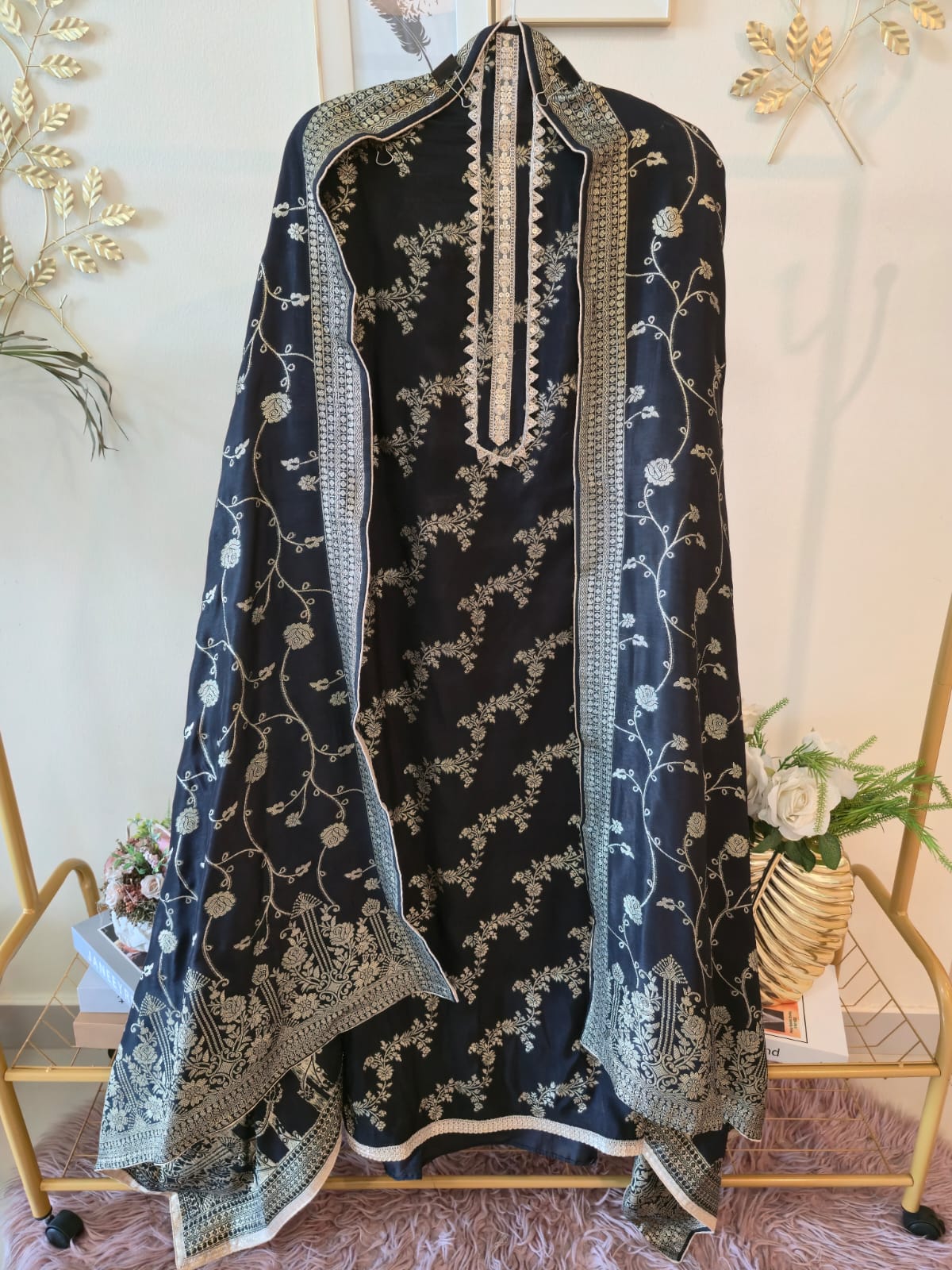 Elegant Black pure Banarasi georgette unstiched three piece Embroidered Suit Set - Image 5