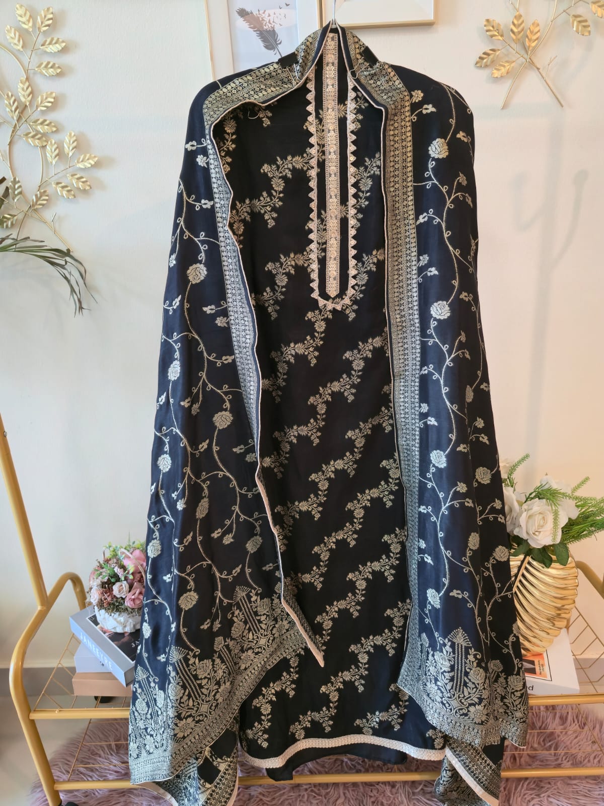 Elegant Black pure Banarasi georgette unstiched three piece Embroidered Suit Set