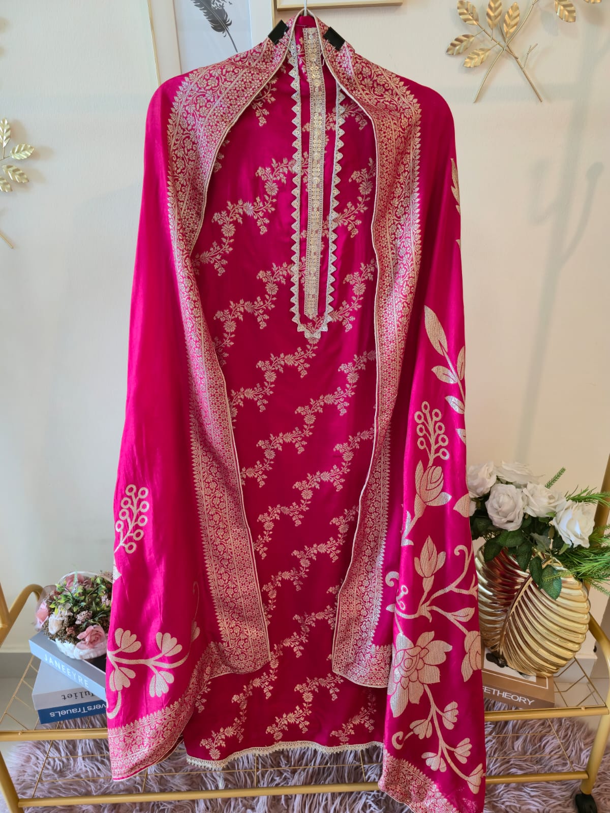 Elegant fushia pink pure Banarasi georgette unstiched three piece Embroidered Suit Set