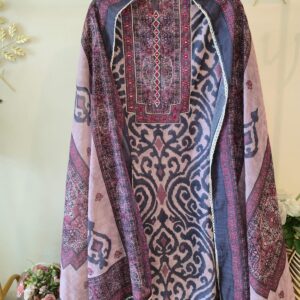 Vintage-Inspired Ethnic Printed Linen Black n brown unstiched three peice Suit.
